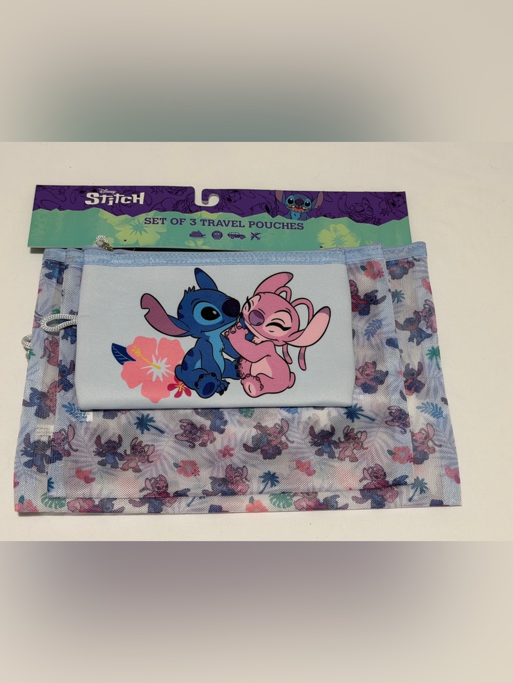 Stitch & Angel Travel 3 Pouch Set - Blue & Pink